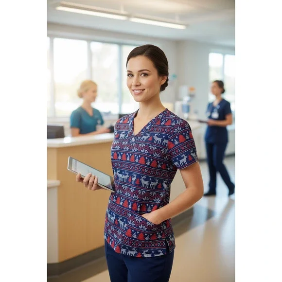 LOT OF 5 Womens Printed Scrub Top Short Sleeve Medium Holiday Workwear Medical - Picture 11 of 13